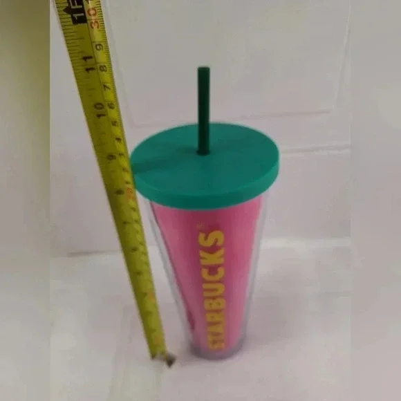 Starbucks 2014 Pink and Green top and Straw with Yellow Starbucks Letters 24 Oz. - Picture 4 of 8